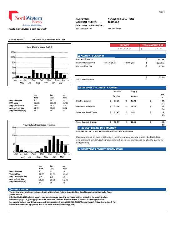 USA NorthWestern Energy business utility bill template in Word and PDF formats, version 1
